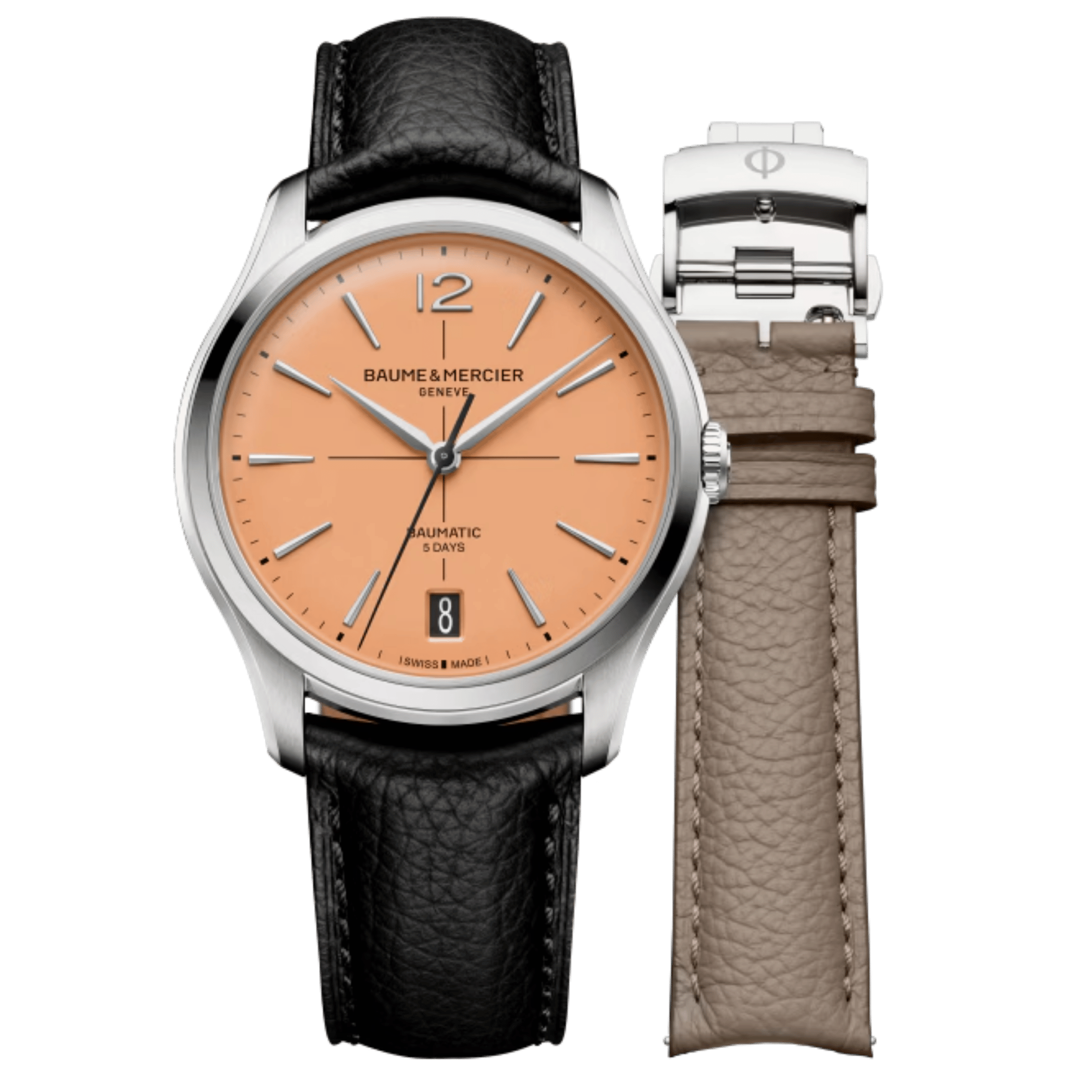 Baume et Mercier Clifton automatic watch, salmon dial, beige and black leather straps, 39 mm