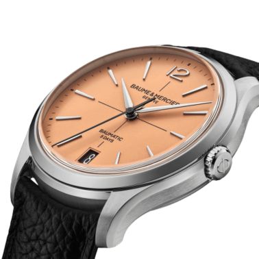 Baume et Mercier Clifton automatic watch, salmon dial, beige and black leather straps, 39 mm