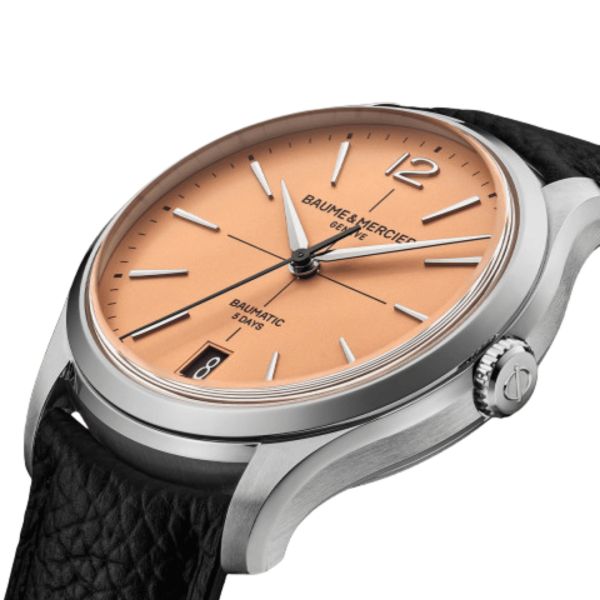 Baume et Mercier Clifton automatic watch, salmon dial, beige and black leather straps, 39 mm