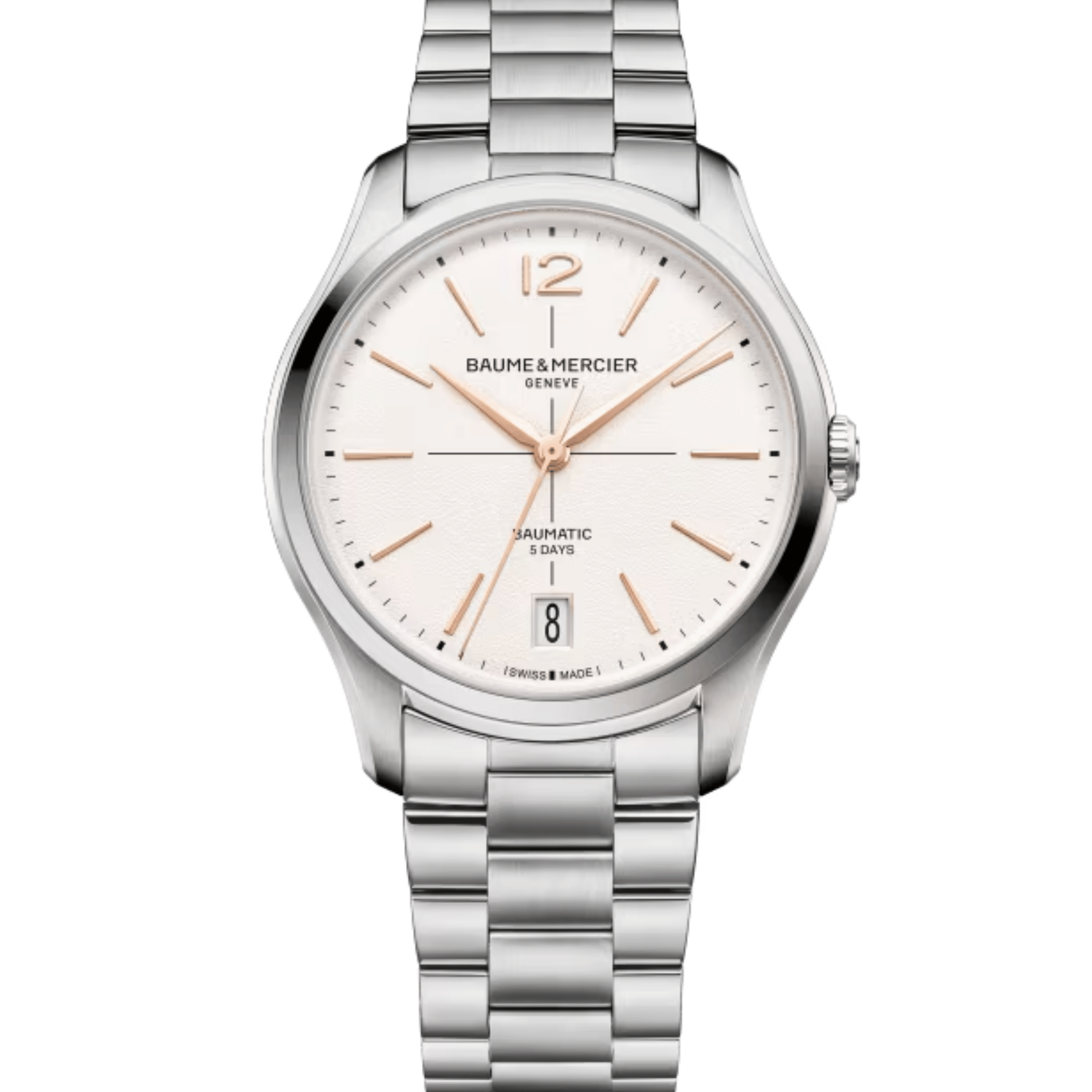 Montre Baume et Mercier Clifton automatic, white dial, steel bracelet, 39 mm