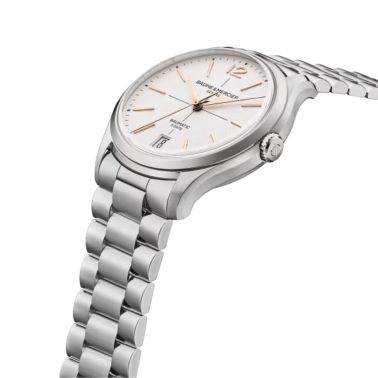 Montre Baume et Mercier Clifton automatic, white dial, steel bracelet, 39 mm