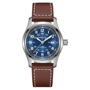 Hamilton Khaki Field automatic watch, blue dial, brown leather strap, 38 mm