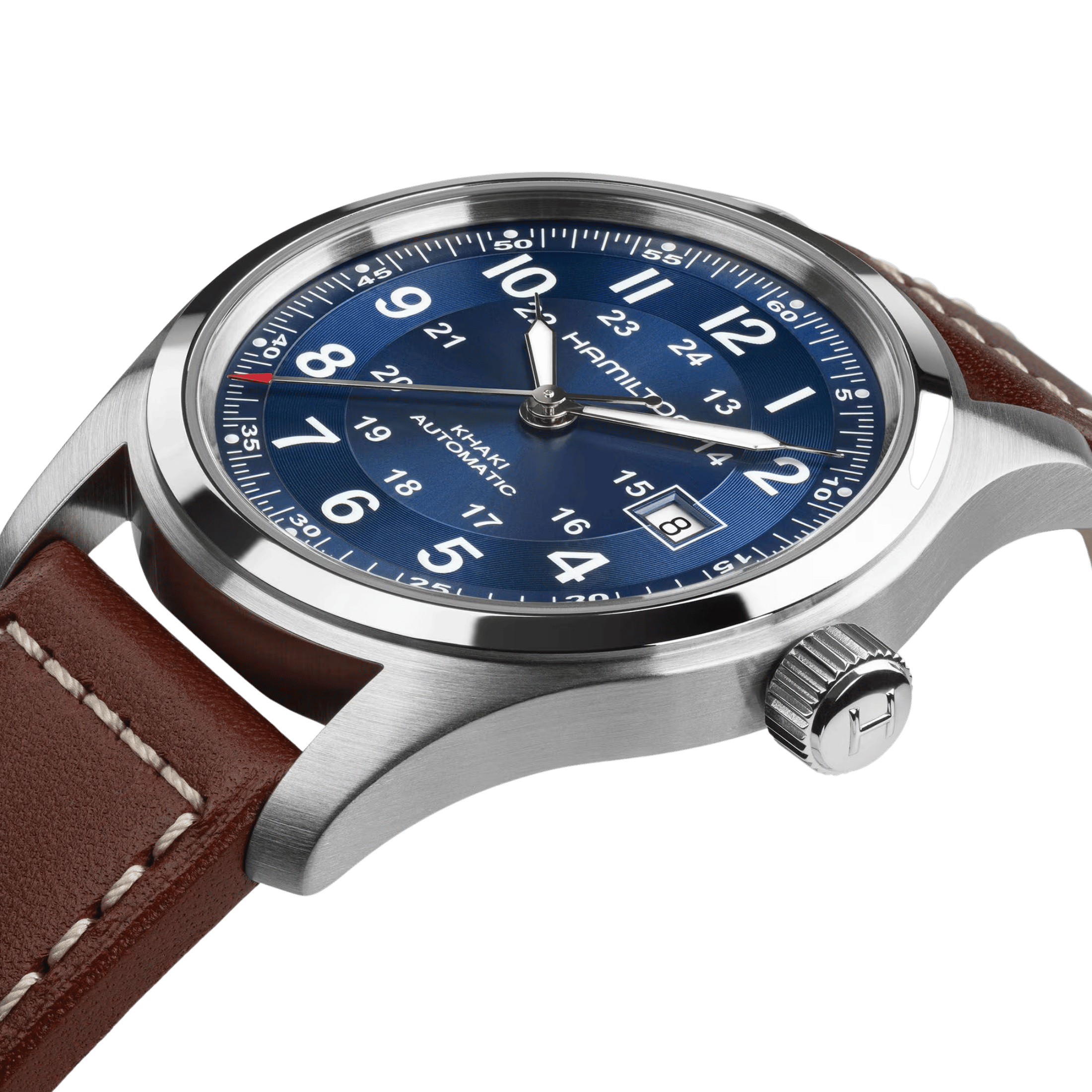 Hamilton Khaki Field automatic watch, blue dial, brown leather strap, 38 mm
