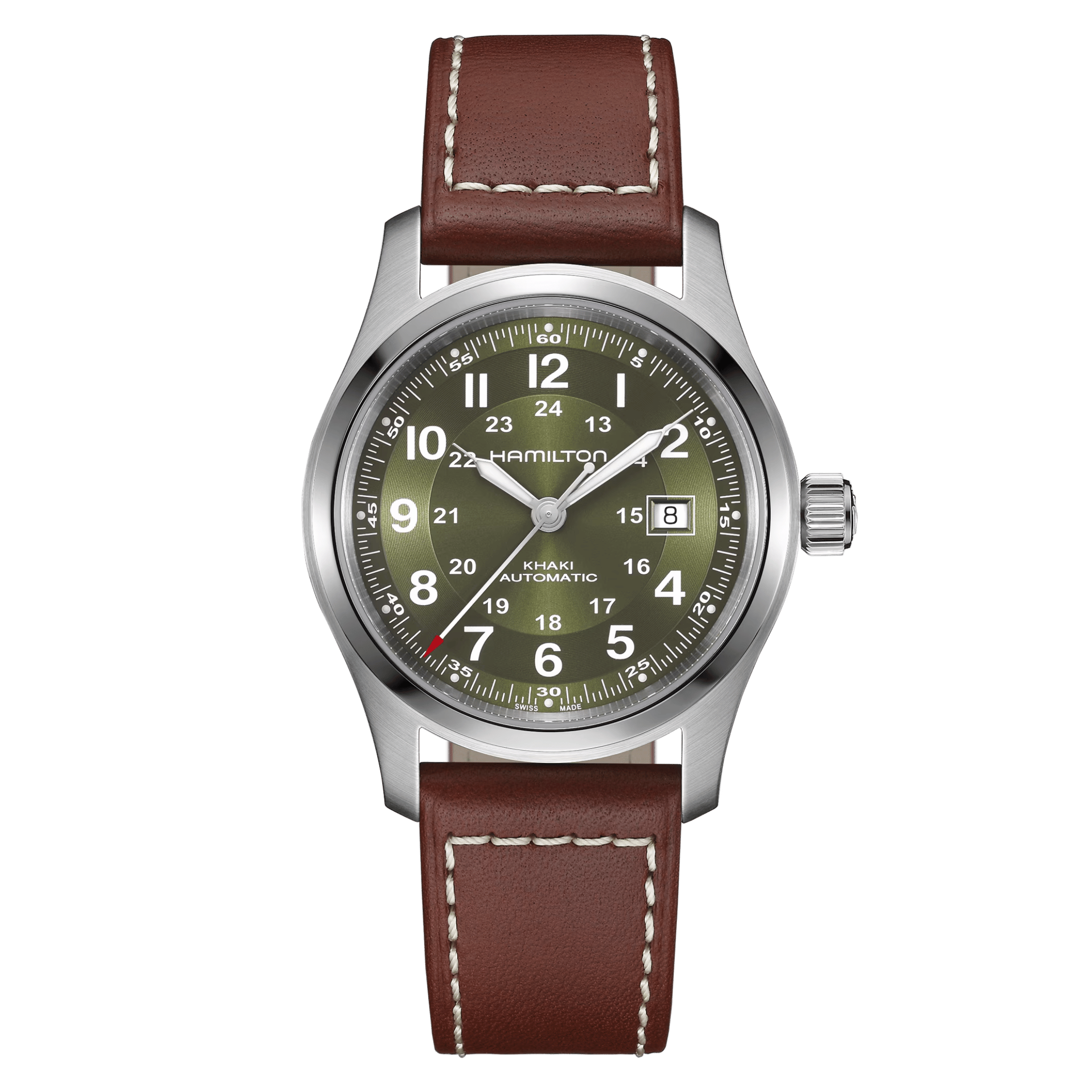 Montre Hamilton Khaki Field automatique cadran kaki bracelet cuir brun 38 mm