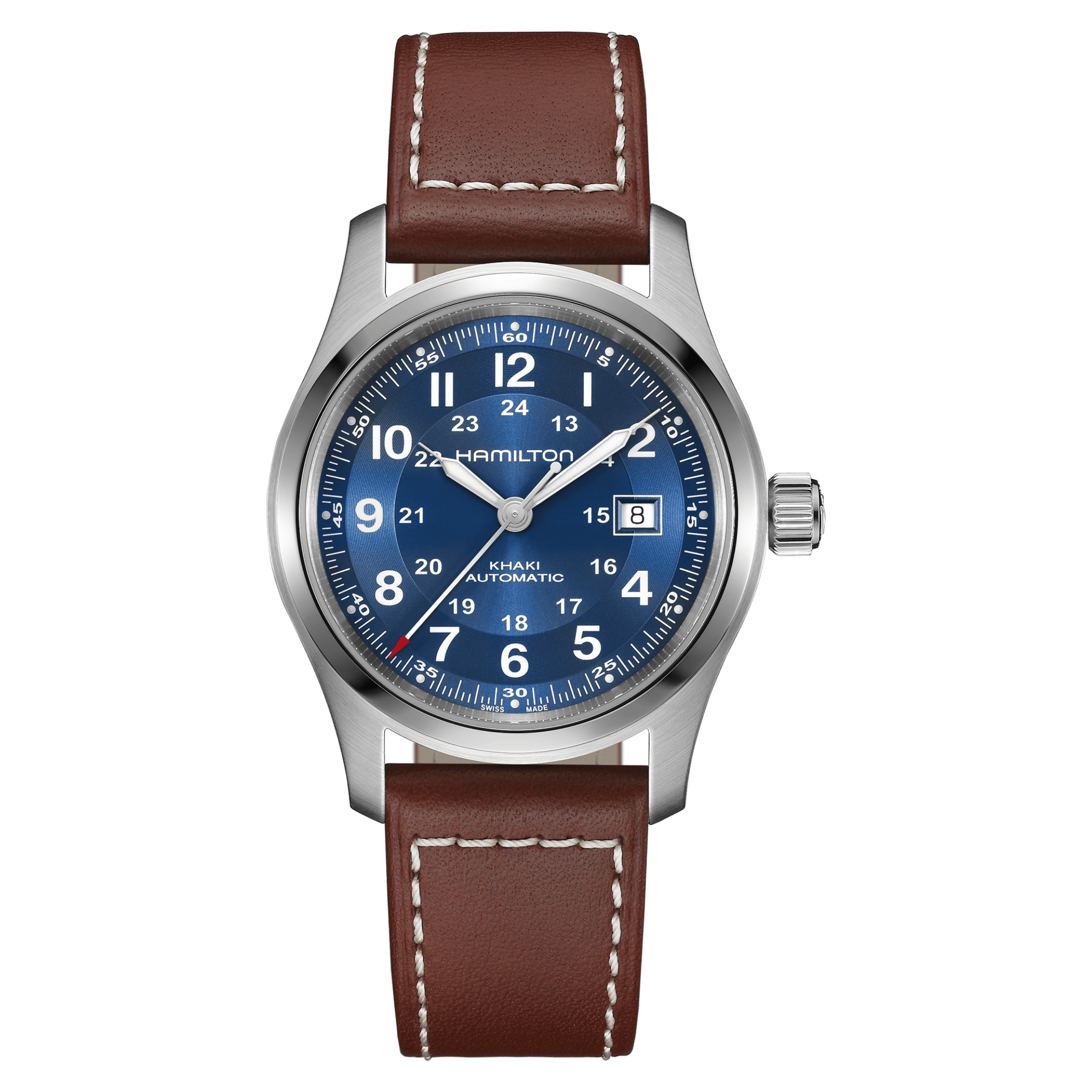 Montre Hamilton Khaki Field automatique cadran bleu bracelet cuir brun 42 mm