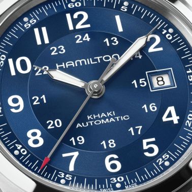 Montre Hamilton Khaki Field automatique cadran bleu bracelet cuir brun 42 mm