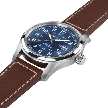 Hamilton Khaki Field automatic watch, blue dial, brown leather strap, 42 mm