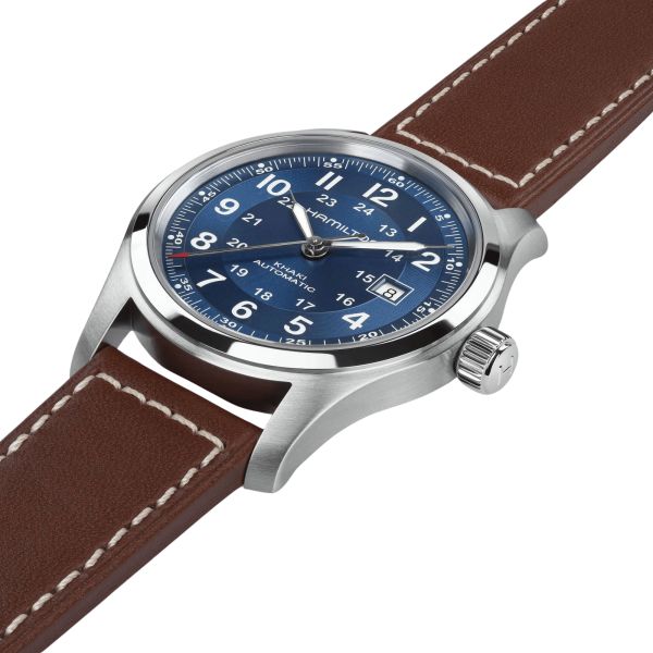 Montre Hamilton Khaki Field automatique cadran bleu bracelet cuir brun 42 mm
