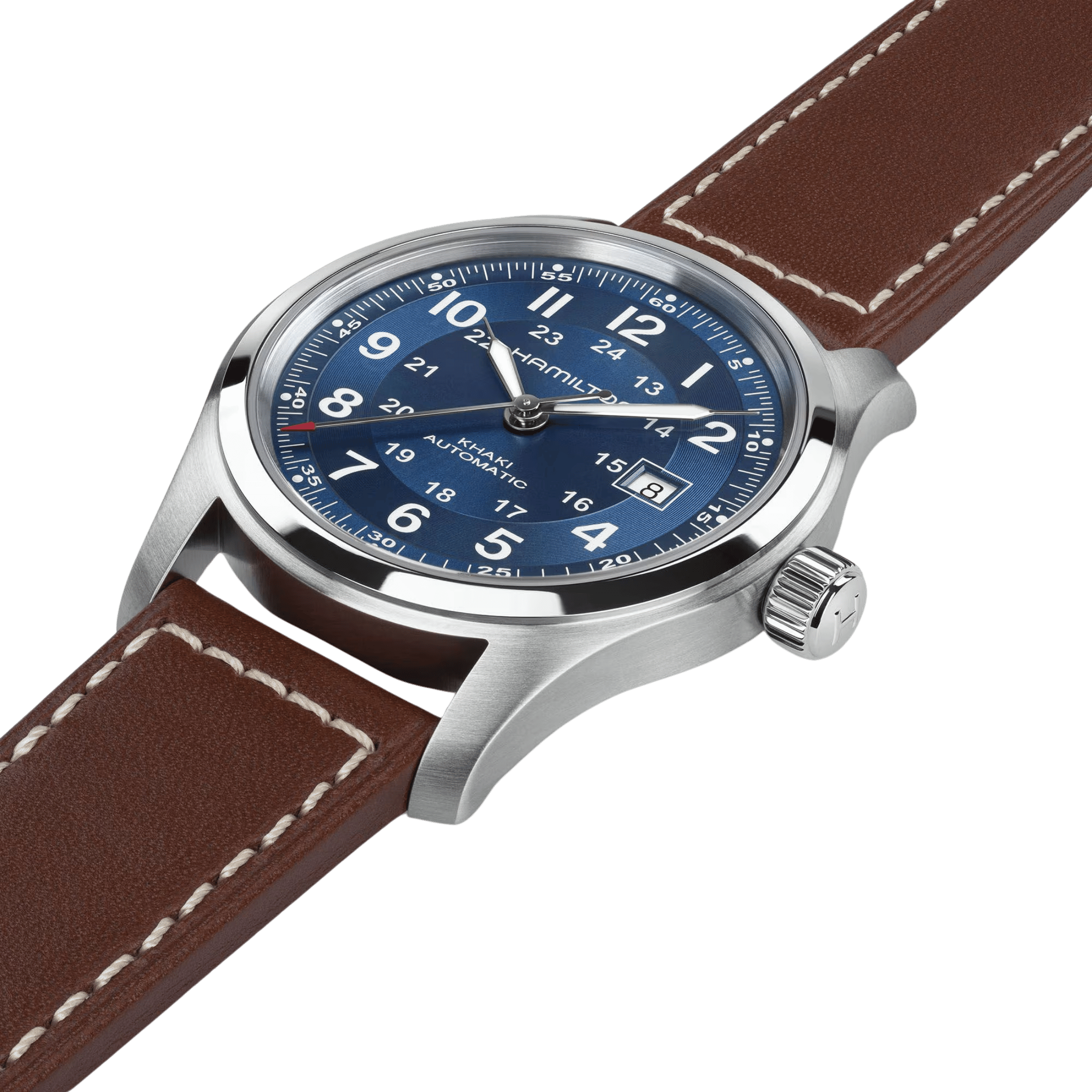 Montre Hamilton Khaki Field automatique cadran bleu bracelet cuir brun 42 mm