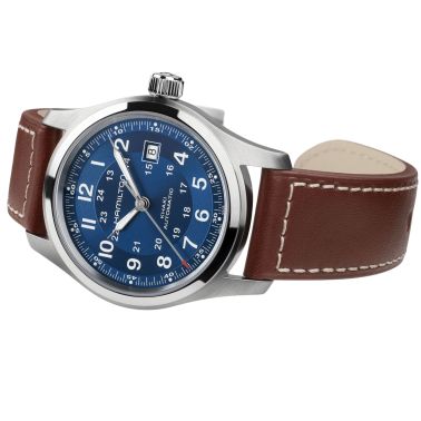 Hamilton Khaki Field automatic watch, blue dial, brown leather strap, 42 mm