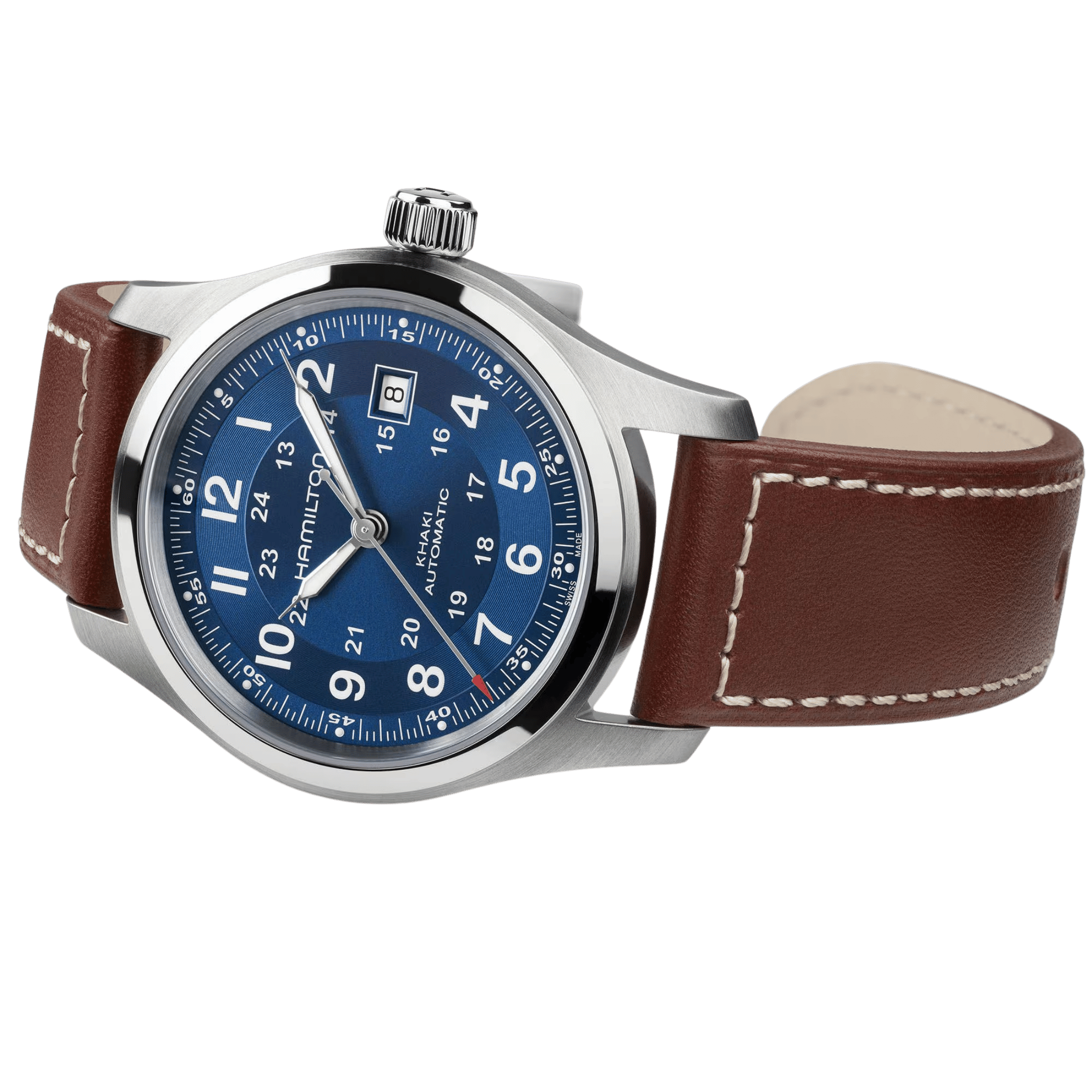 Hamilton Khaki Field automatic watch, blue dial, brown leather strap, 42 mm