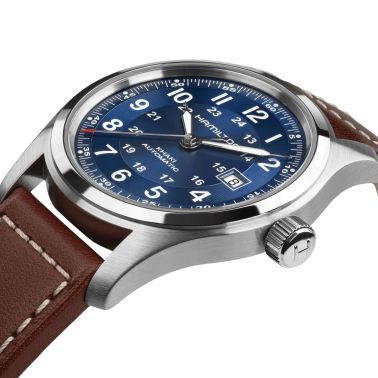 Hamilton Khaki Field automatic watch, blue dial, brown leather strap, 42 mm