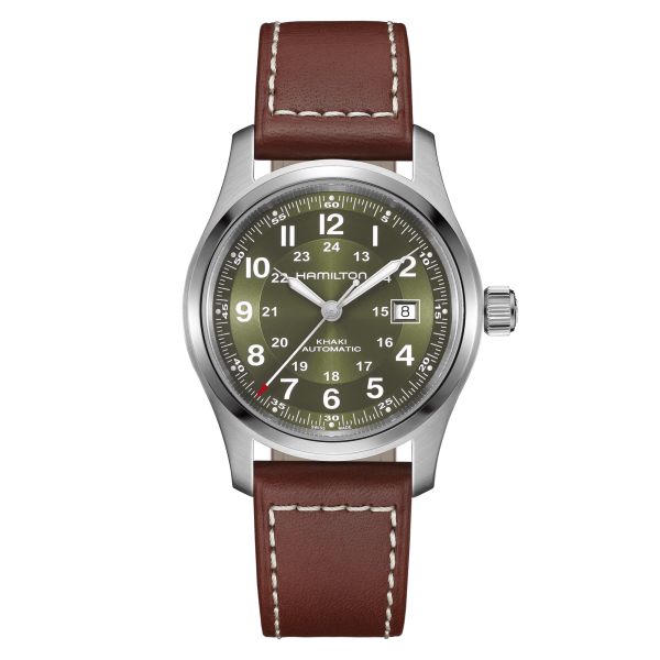 Montre Hamilton Khaki Field automatique cadran kaki bracelet cuir brun 42 mm