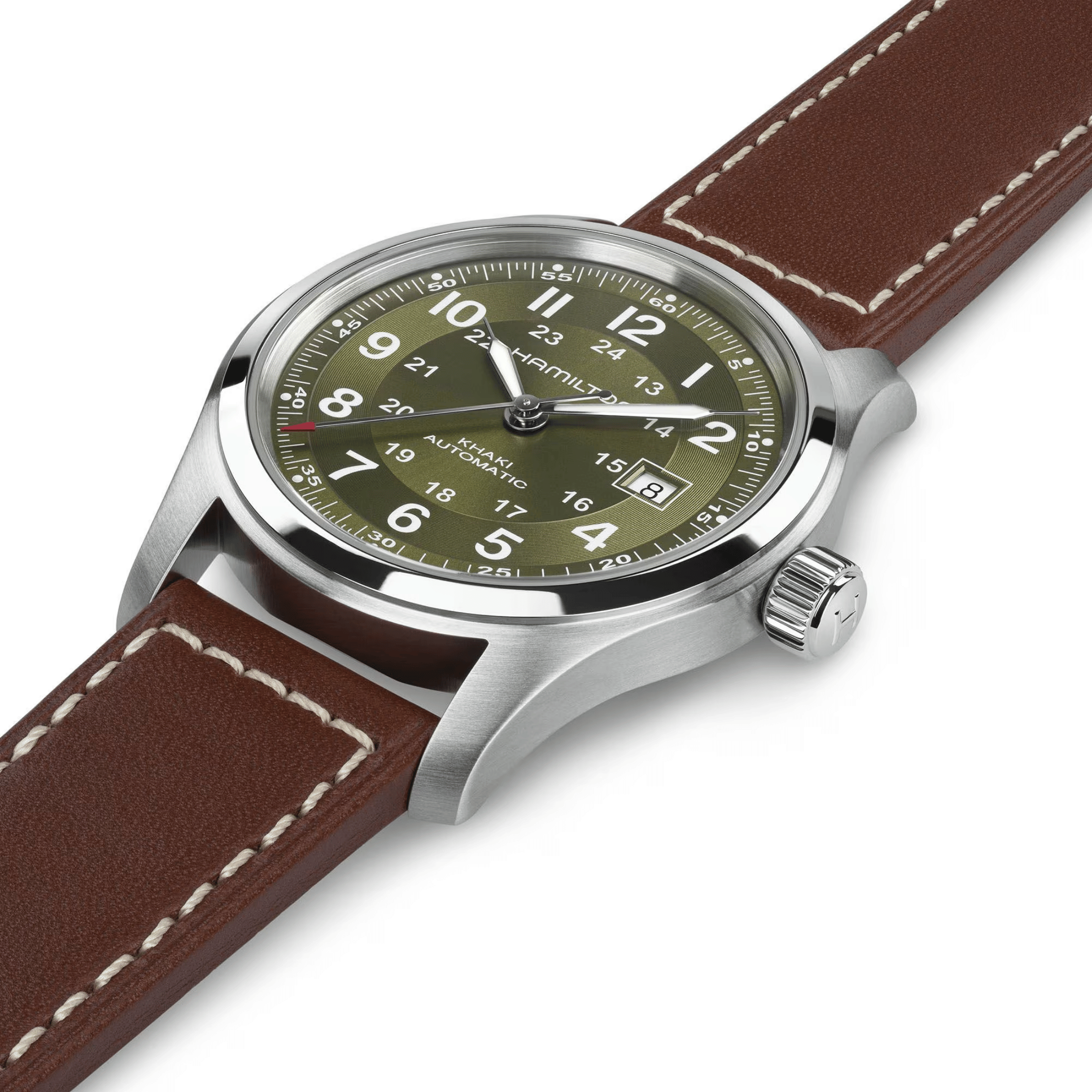 Hamilton Khaki Field automatic watch, khaki dial, brown leather strap, 42 mm