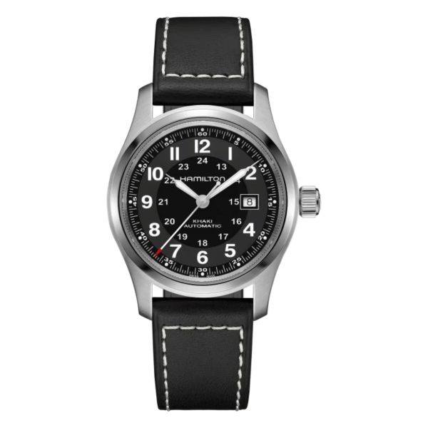 Montre Hamilton Khaki Field automatique cadran noir bracelet cuir noir 42 mm