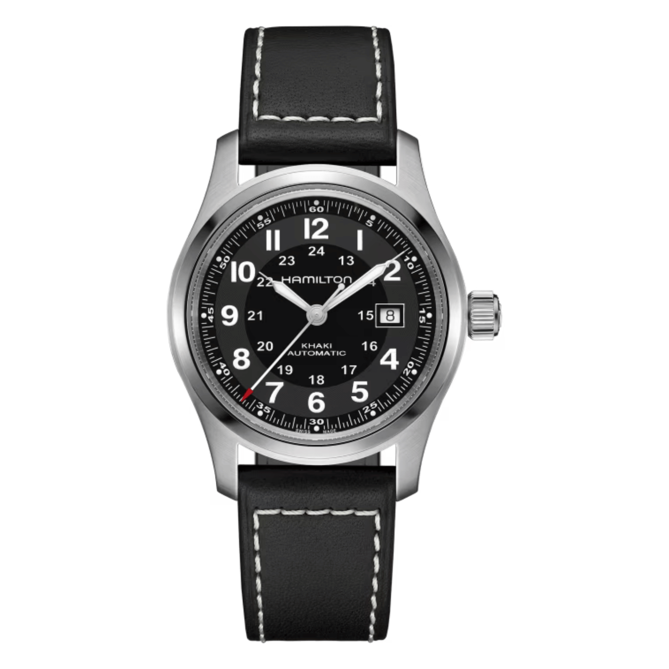 Hamilton Khaki Field watch black dial black leather strap 42 mm