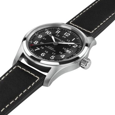 Hamilton Khaki Field watch black dial black leather strap 42 mm