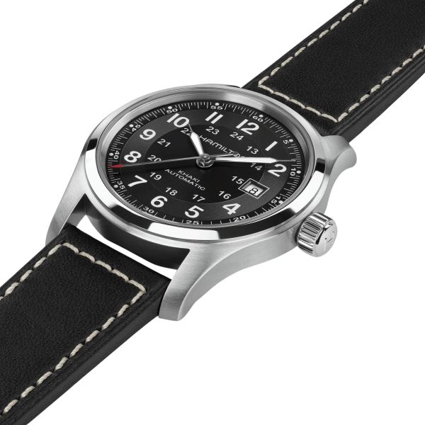 Hamilton Khaki Field watch black dial black leather strap 42 mm
