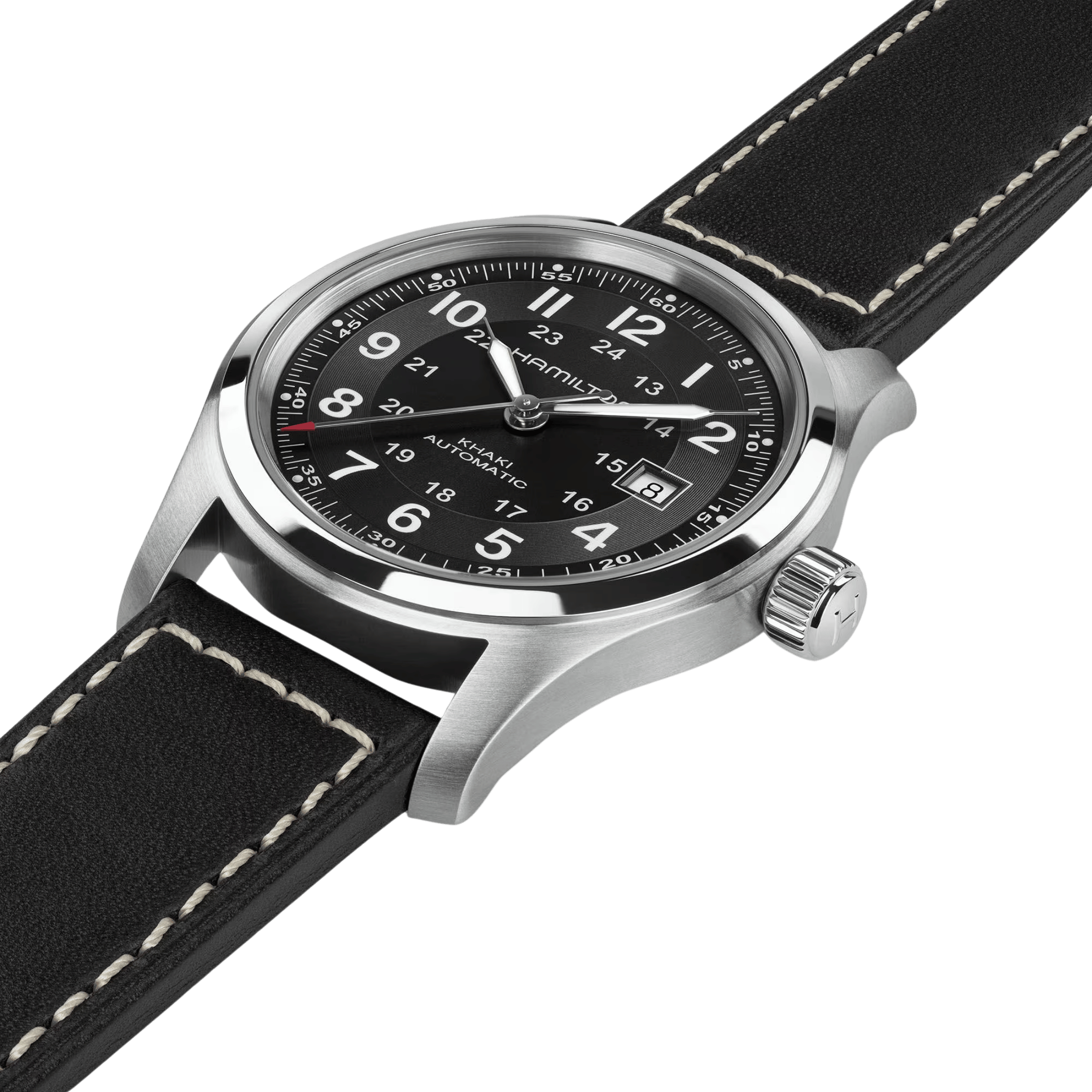 Hamilton Khaki Field watch black dial black leather strap 42 mm