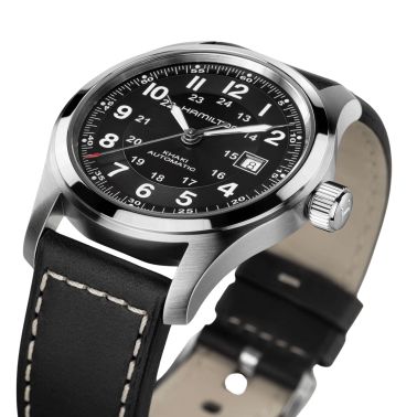 Hamilton Khaki Field watch black dial black leather strap 42 mm