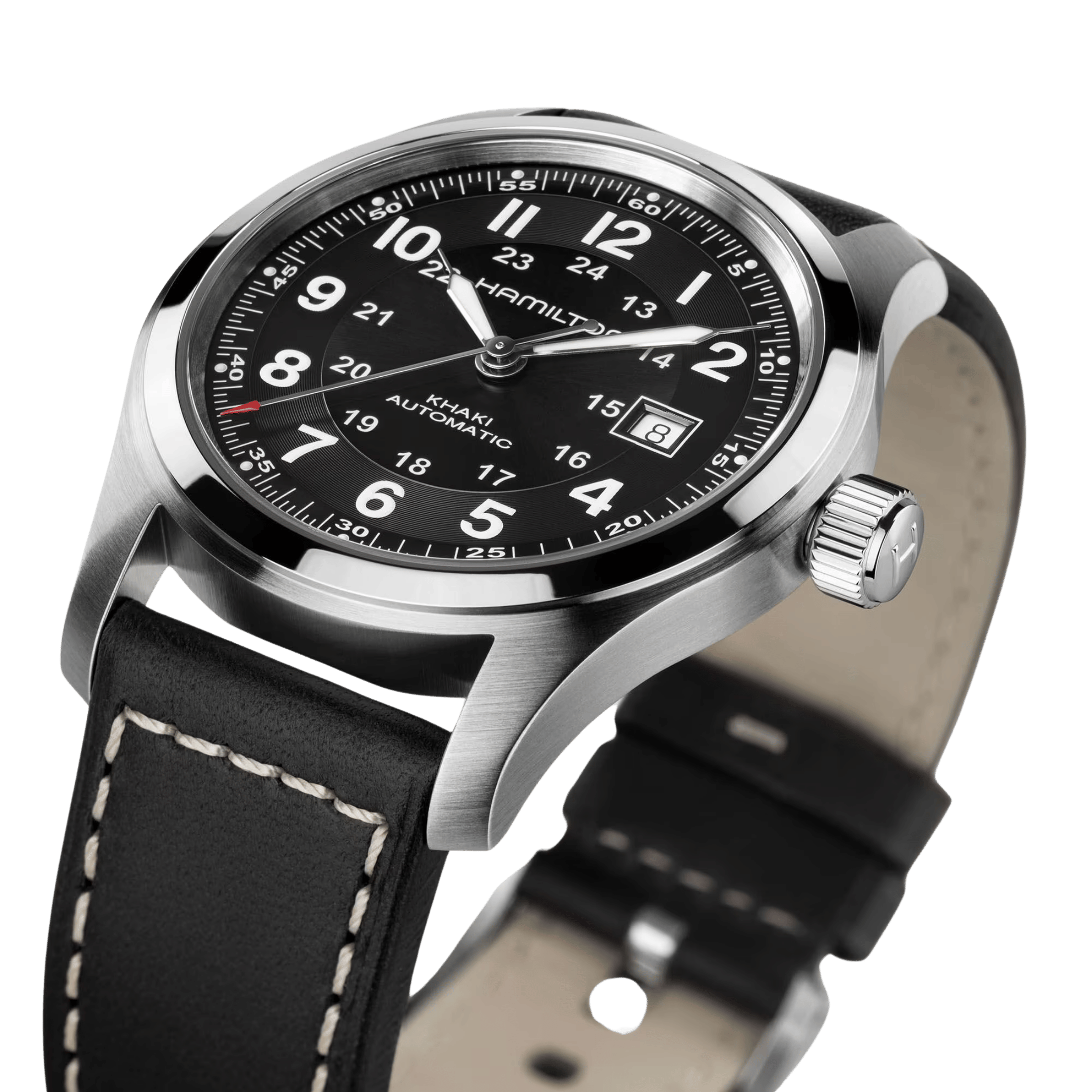 Hamilton Khaki Field watch black dial black leather strap 42 mm