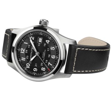 Hamilton Khaki Field watch black dial black leather strap 42 mm