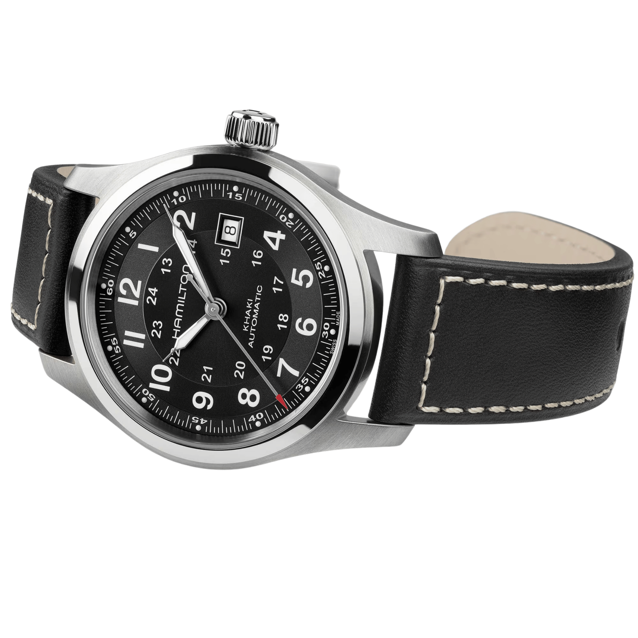 Hamilton Khaki Field watch black dial black leather strap 42 mm