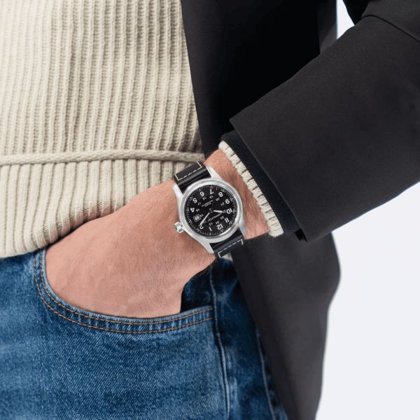 Hamilton Khaki Field watch black dial black leather strap 42 mm