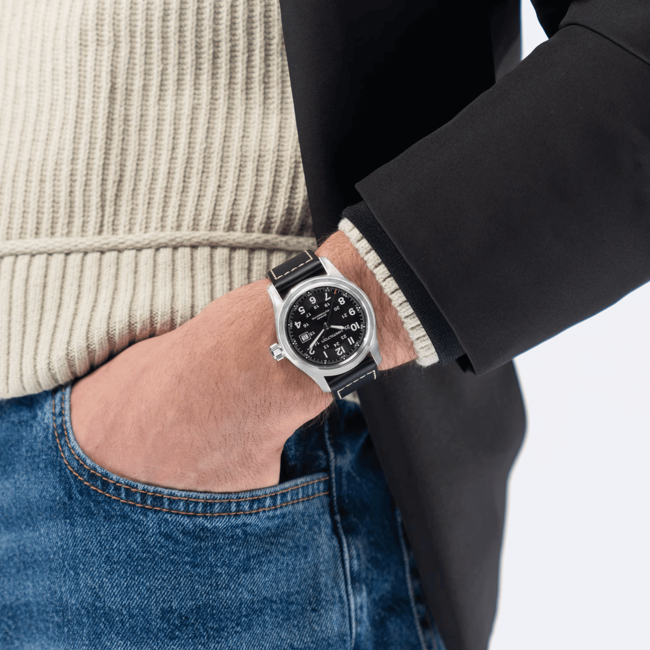 Hamilton Khaki Field watch black dial black leather strap 42 mm