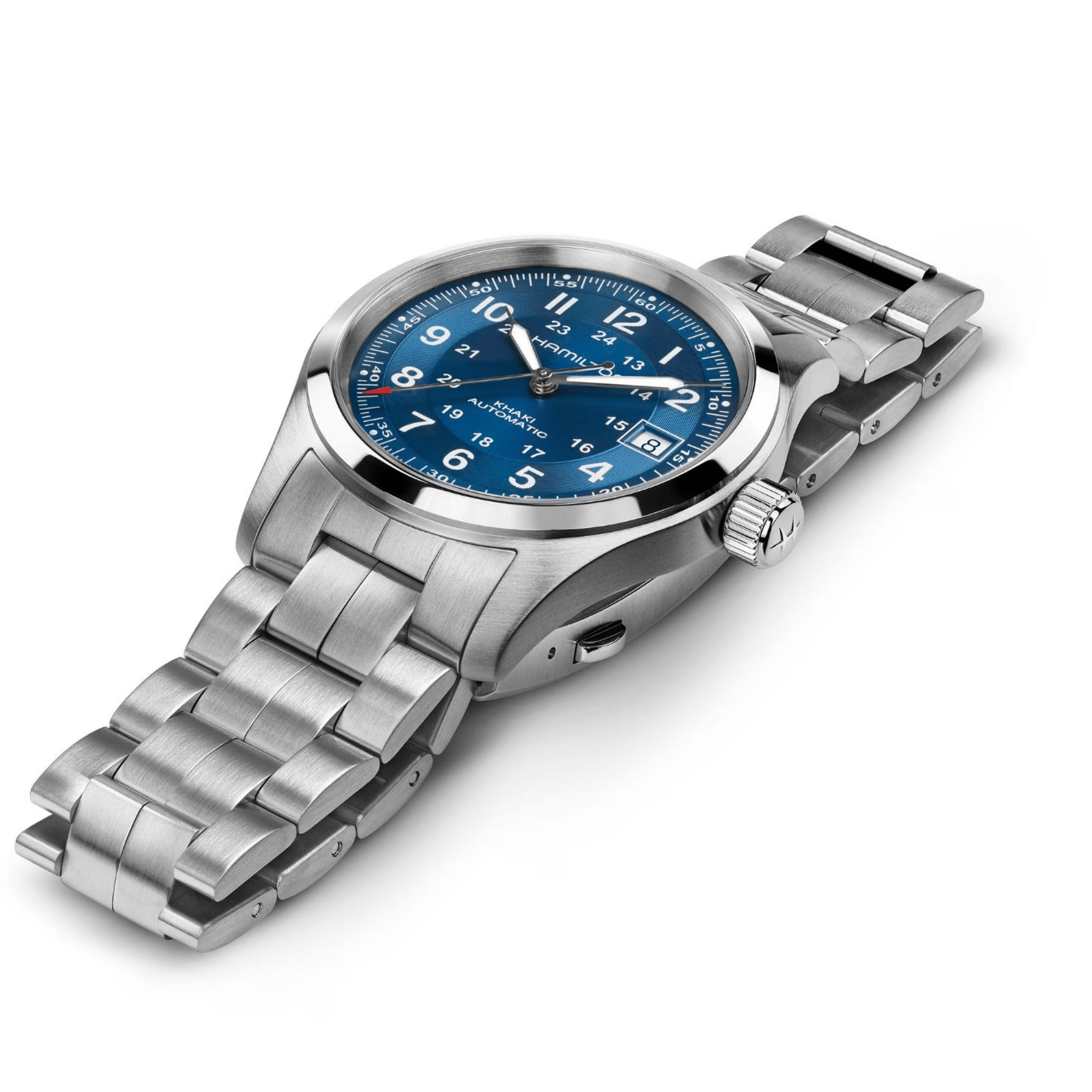 Montre Hamilton Khaki Field automatique cadran bleu bracelet acier 38 mm