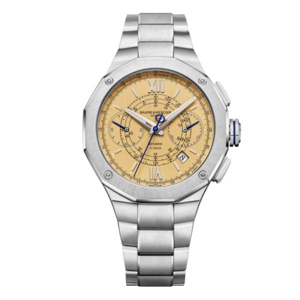 Watch Baume et Mercier Riviera Automatic chronograph, gold dial, steel strap, 41 mm