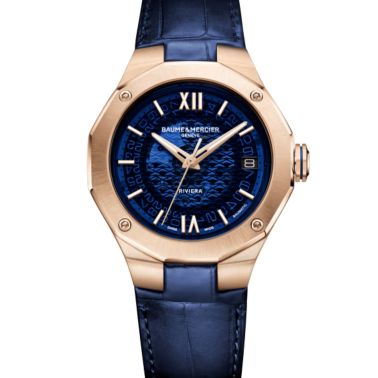 Montre Baume et Mercier Riviera automatique Or rose cadran bleu bracelet cuir bleu 39 mm