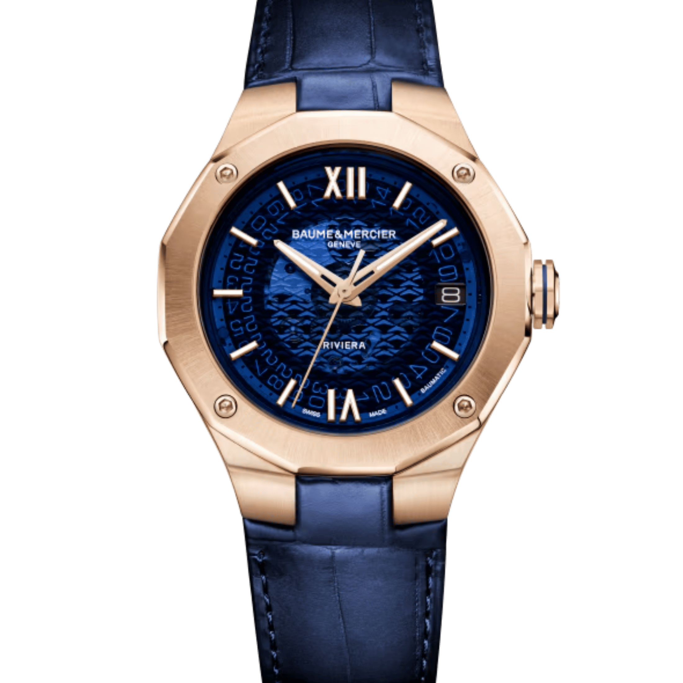 Watch Baume et Mercier Riviera Automatic, rose gold, blue dial blue leather strap, 39 mm