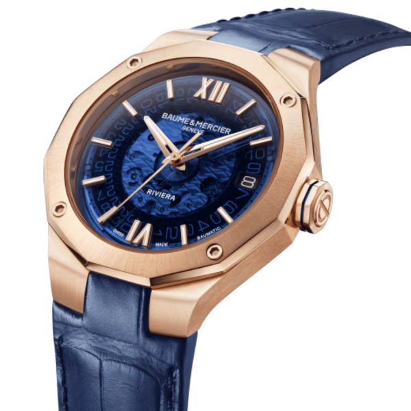 Watch Baume et Mercier Riviera Automatic, rose gold, blue dial blue leather strap, 39 mm