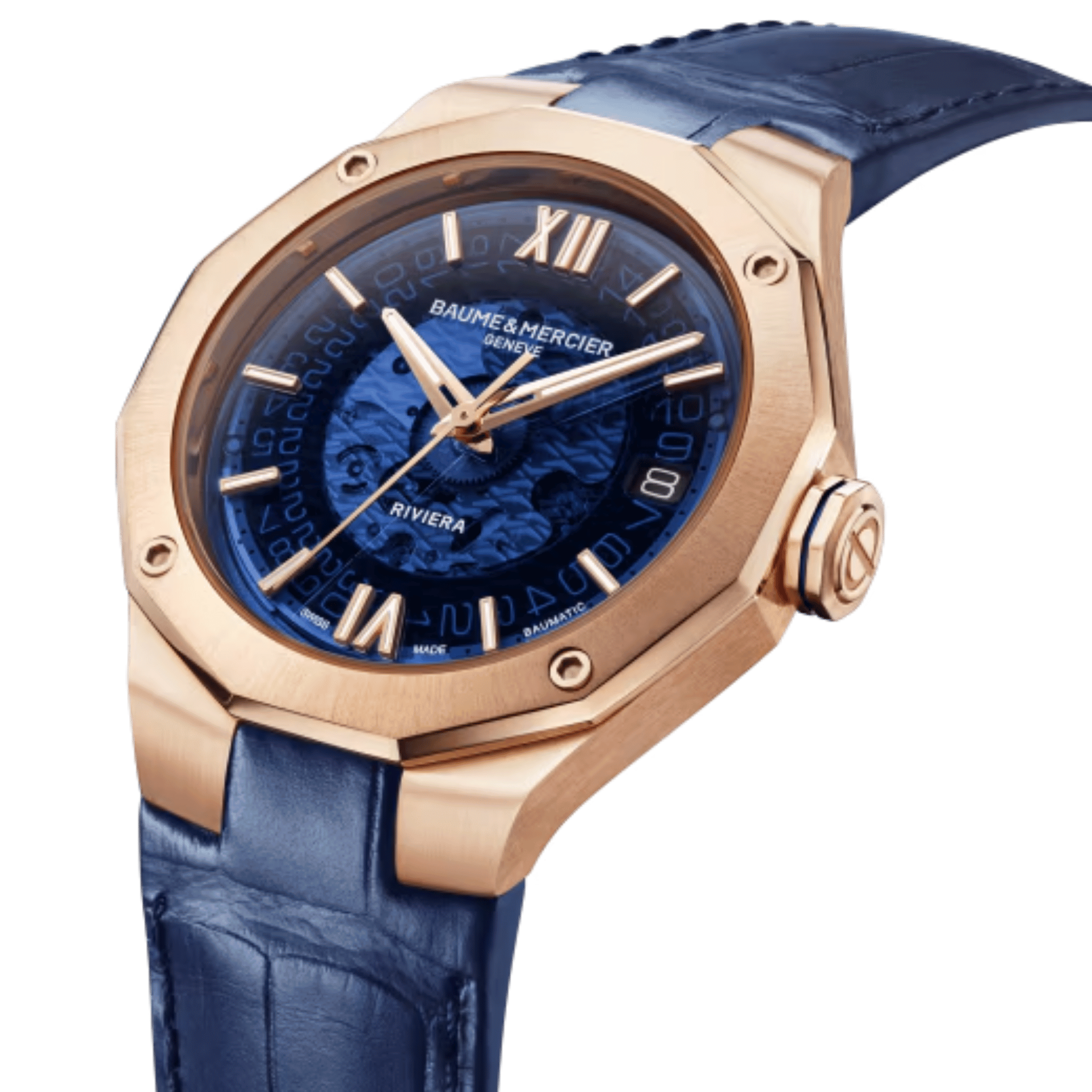 Montre Baume et Mercier Riviera automatique Or rose cadran bleu bracelet cuir bleu 39 mm