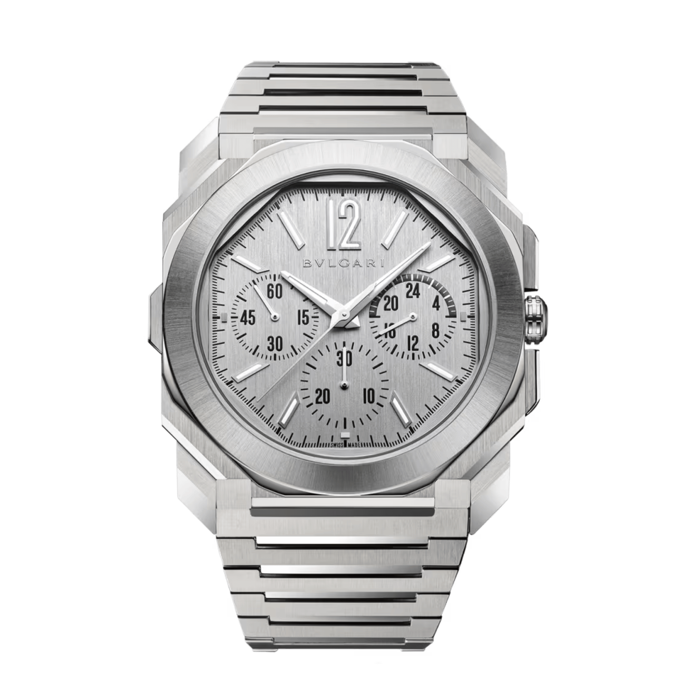 Montre Bulgari Octo Finissimo Chronographe GMT automatique cadran argenté bracelet acier 43 mm