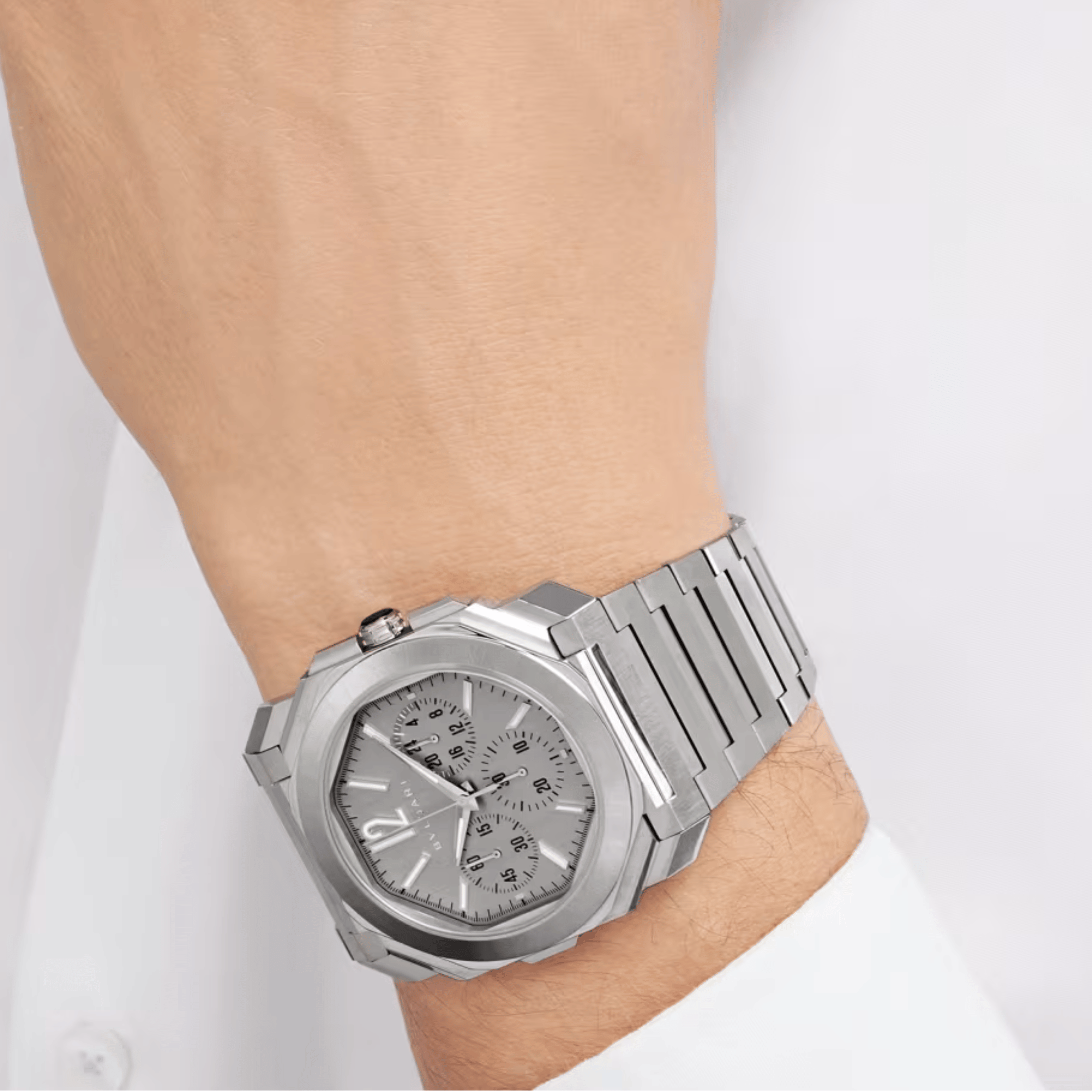 Bulgari Octo Finissimo Chronograph GMT automatic watch silver dial steel bracelet 43 mm