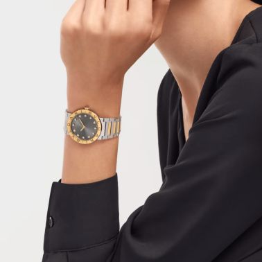 Montre Bulgari Bvlgari Bvlgari quartz index diamants cadran gris bracelet acier et or jaune 33 mm