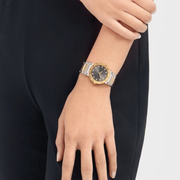 Montre Bulgari Bvlgari Bvlgari quartz index diamants cadran gris bracelet acier et or jaune 33 mm