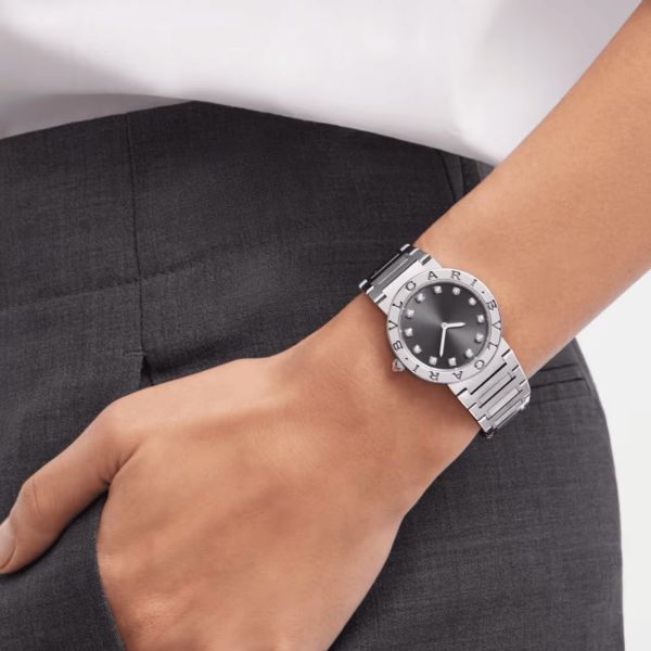 Bulgari Bvlgari Bvlgari quartz watch diamond index grey dial steel bracelet 33 mm