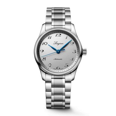 Montre Longines Master Collection automatique cadran argent et bleu bracelet acier 34 mm