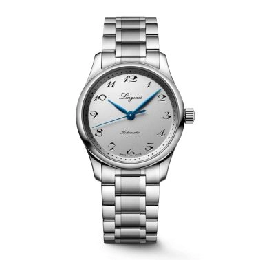 Montre Longines Master Collection automatique cadran argent et bleu bracelet acier 34 mm