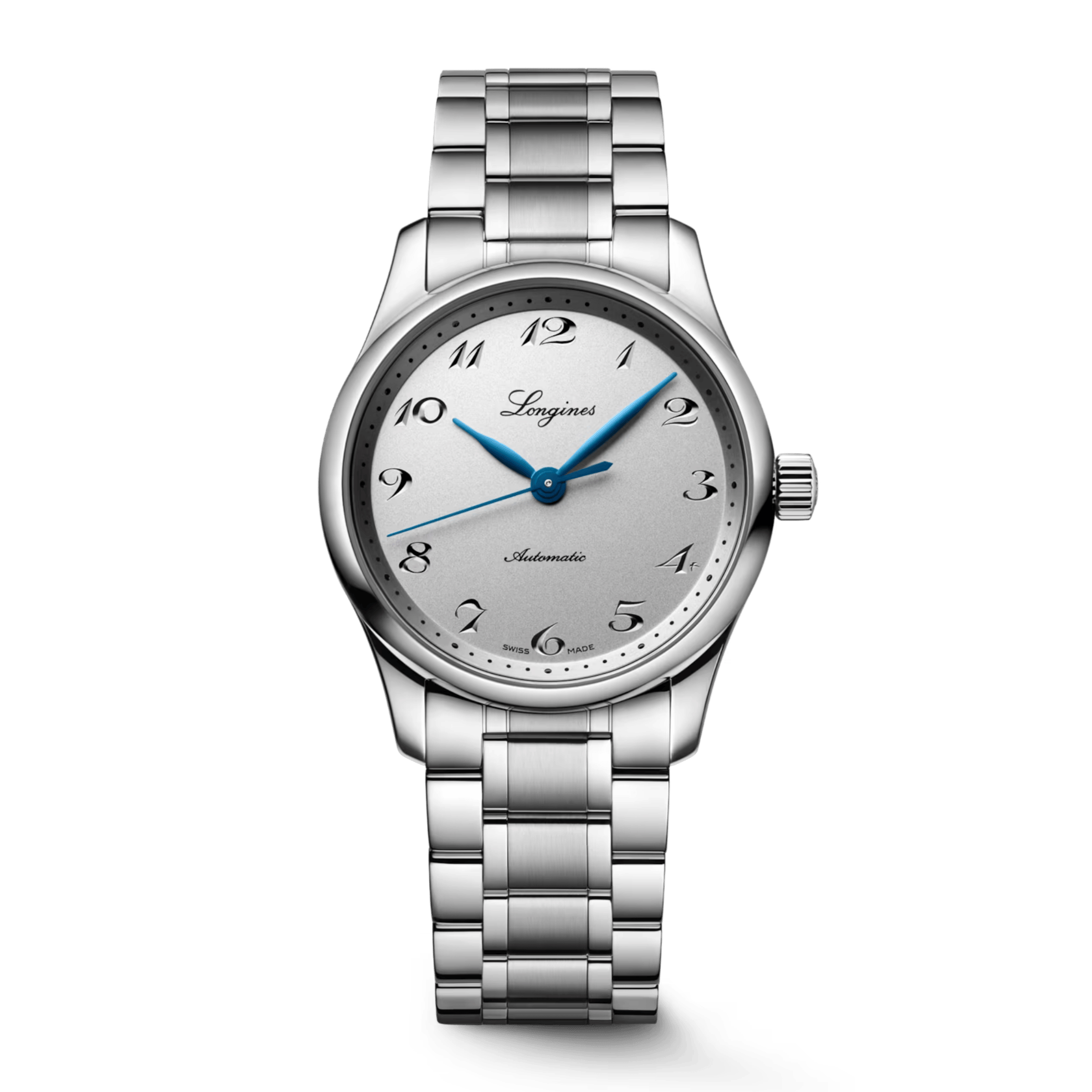 Montre Longines Master Collection automatique cadran argent et bleu bracelet acier 34 mm