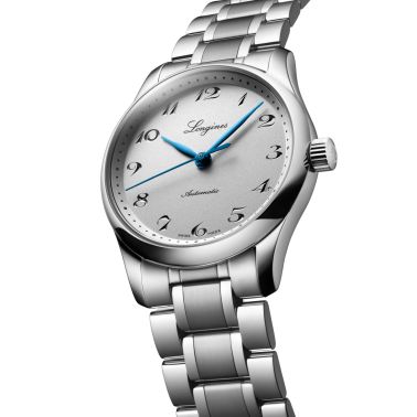 Longines Master Collection automatic watch, silver and blue dial, 34 mm steel bracelet