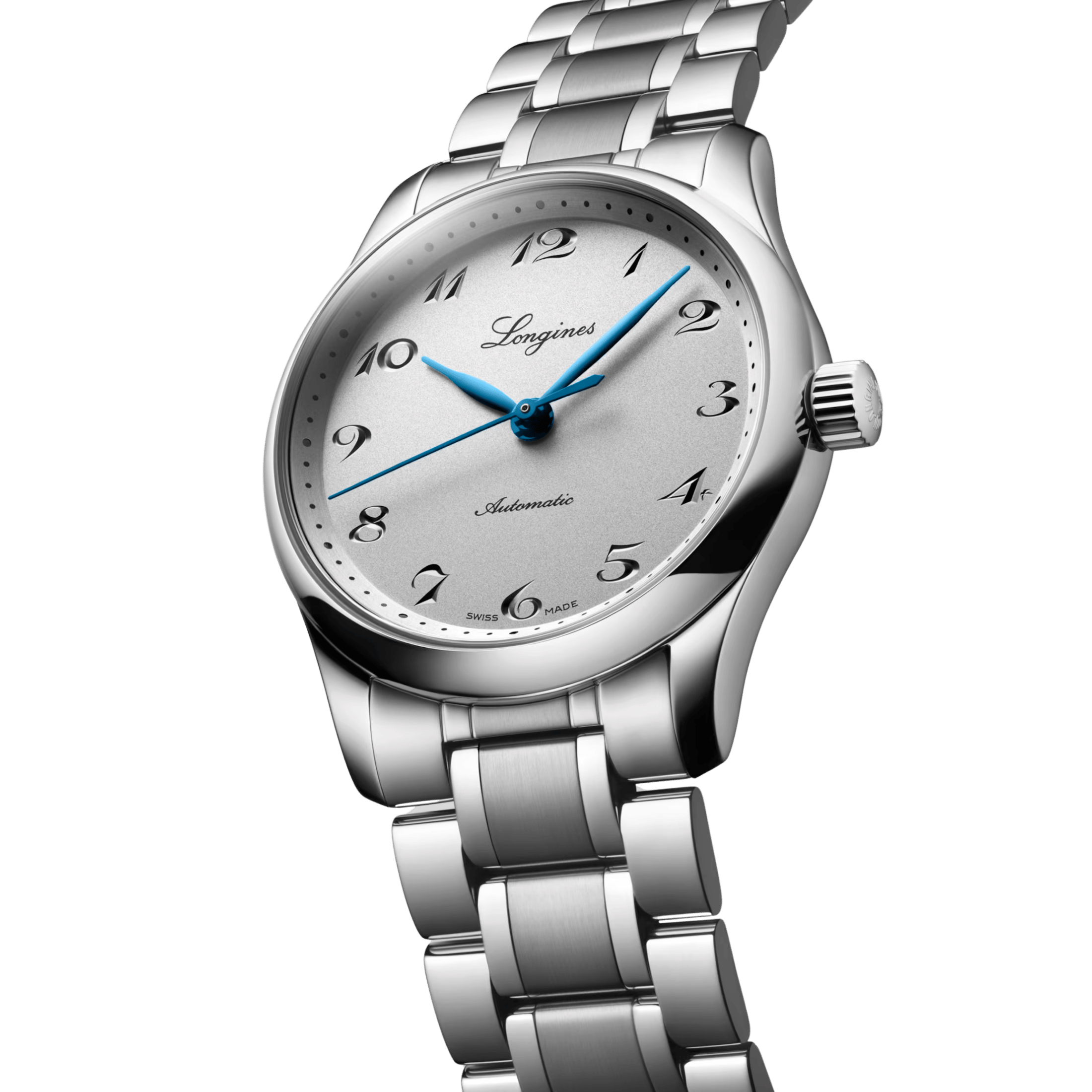 Montre Longines Master Collection automatique cadran argent et bleu bracelet acier 34 mm
