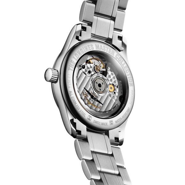 Montre Longines Master Collection automatique cadran argent et bleu bracelet acier 34 mm