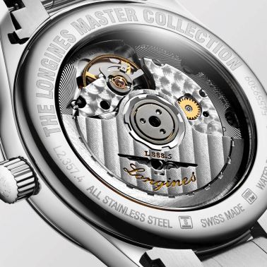 Montre Longines Master Collection automatique cadran argent et bleu bracelet acier 34 mm