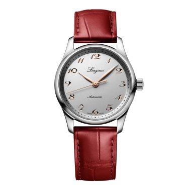 Montre Longines Master Collection auto acier cadran argent bracelet cuir rouge 34 mm