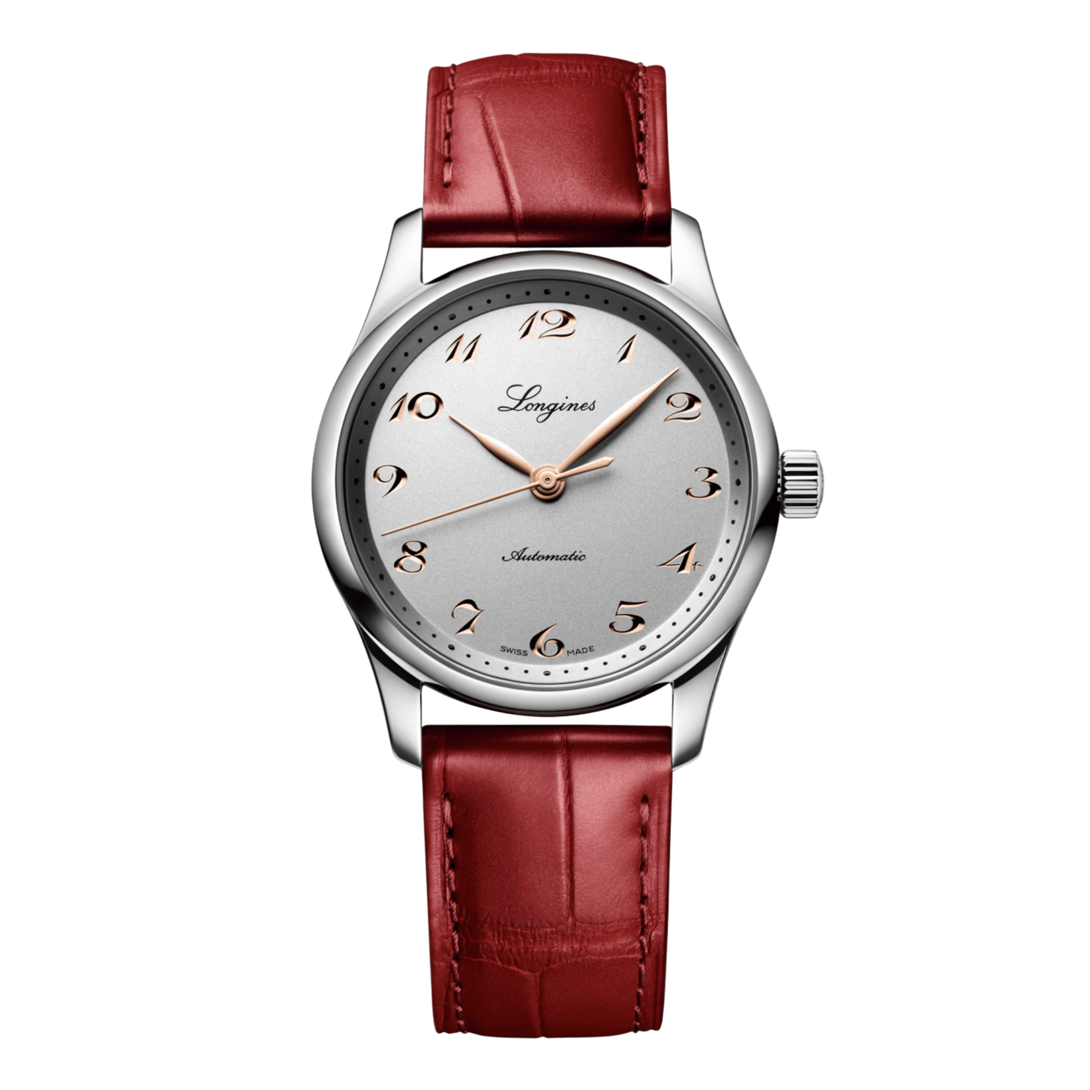 Longines Master Collection watch, self-winding, steel, silver dial, red leather strap, 34 mm