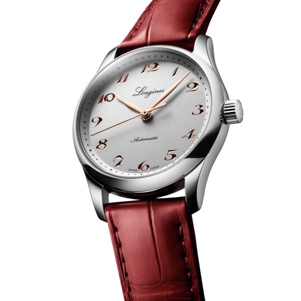 Longines Master Collection watch, self-winding, steel, silver dial, red leather strap, 34 mm